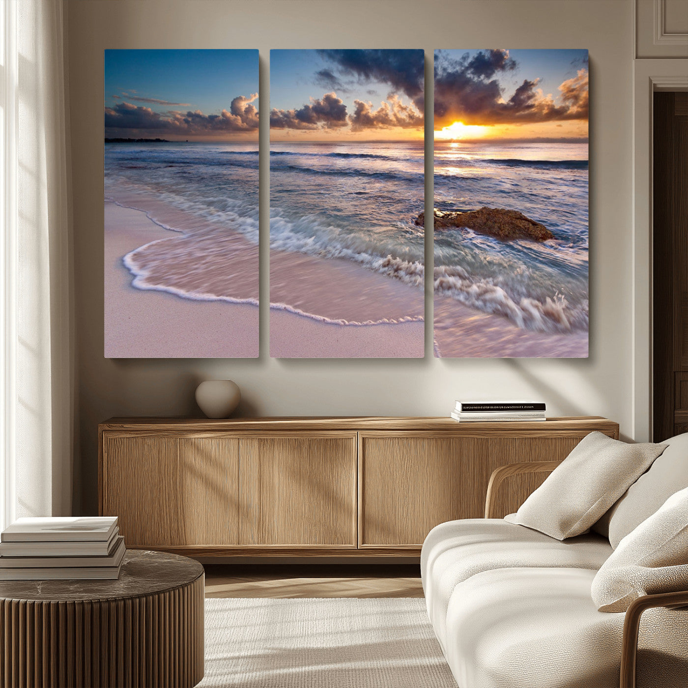 94906-MGV-CV-36X24-Sunrise Beach Wall Art – Panoramic Ocean Waves Canvas Print, Coastal Sunset Seascape Artwork for Living Room, Bedroom, or Office