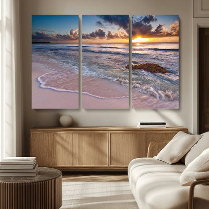 94906-MGV-CV-36X24-Sunrise Beach Wall Art – Panoramic Ocean Waves Canvas Print, Coastal Sunset Seascape Artwork for Living Room, Bedroom, or Office