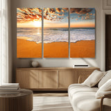 15399-MGV-CV-36X24-Golden Sunrise Beach Wall Art – Ocean Waves on Sandy Shore Canvas Print, Coastal Seascape Decor for Living Room or Bedroom