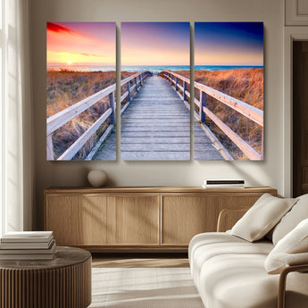 60625-MGV-CV-36X24-Beach Boardwalk Sunrise Wall Art – Coastal Pathway to Ocean Canvas Print, Seaside Landscape Decor for Home or Office