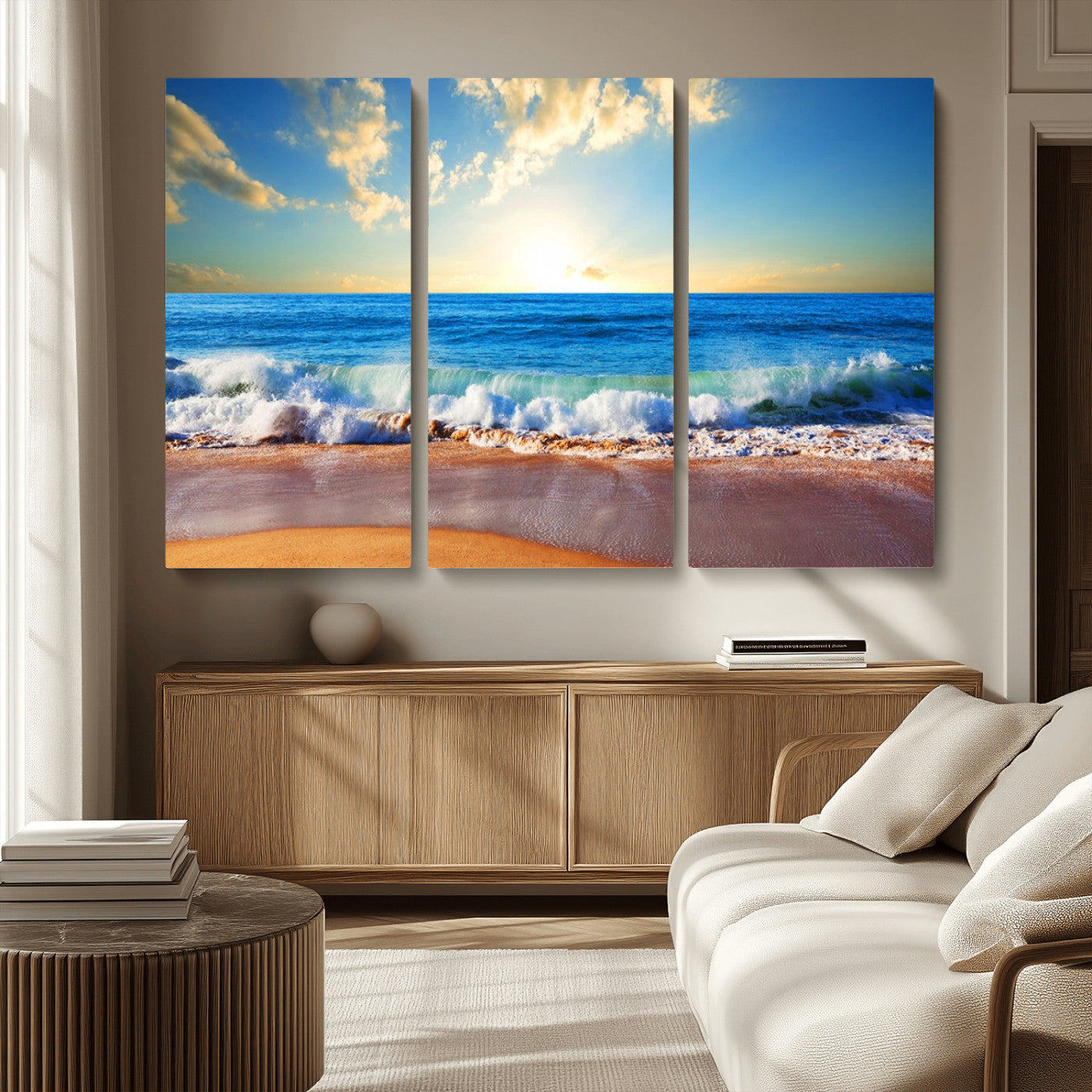 50522-MGV-CV-36X24-Ocean Sunrise Wall Art – Peaceful Beach Waves and Golden Horizon Canvas Print, Coastal Seascape Decor for Home or Office