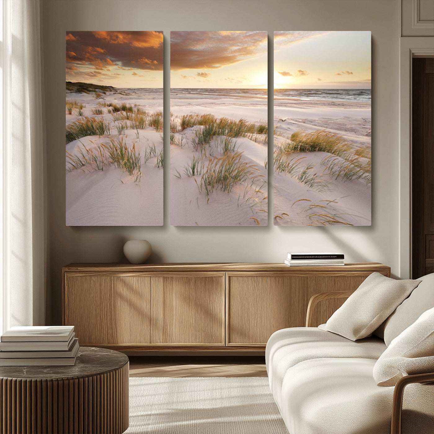 61246-MGV-CV-36X24-Coastal Sand Dunes Wall Art – Serene Beach Sunset Canvas Print with Grasses and Ocean View, Tranquil Seaside Decor for Living Room