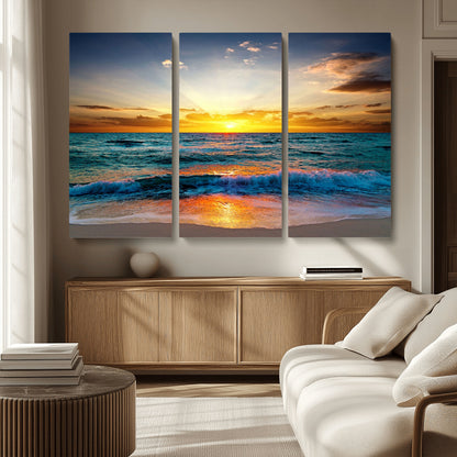 50627-MGV-CV-36X24-Ocean Sunset Wall Art – Serene Beach Canvas Print with Waves and Golden Sky, Coastal Decor for Living Room or Office