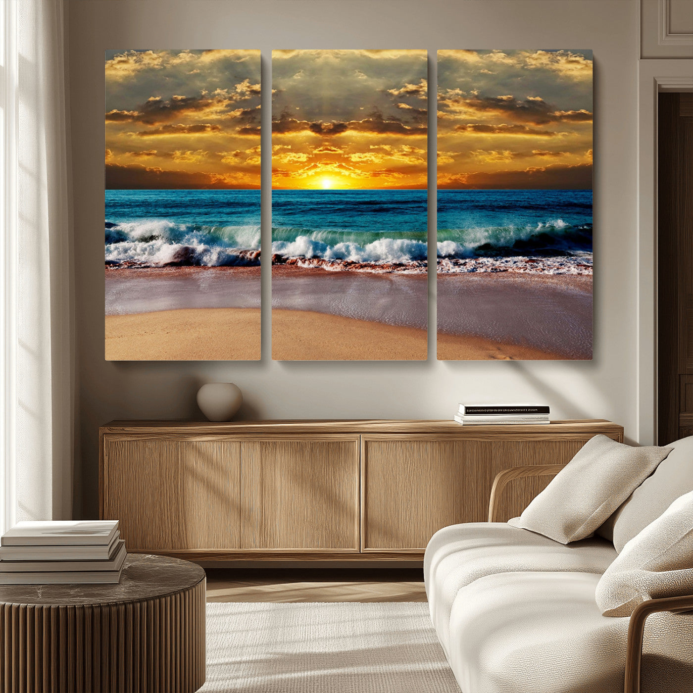83389-MGV-CV-36X24-Ocean Sunrise Wall Art – Vibrant Beach Waves Canvas Print, Coastal Seascape Decor for Living Room or Office