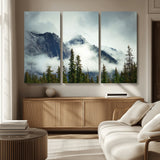 93219-MGV-CV-36X24-Misty Mountain Wall Art – Foggy Pines and Rocky Peaks Canvas Print, Nature Landscape Decor for Living Room, Office or Bedroom