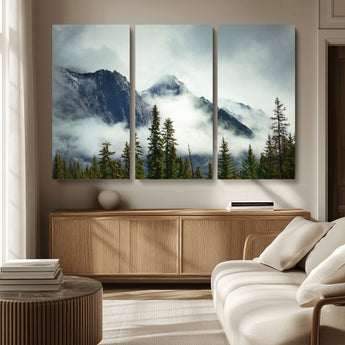 93219-MGV-CV-36X24-Misty Mountain Wall Art – Foggy Pines and Rocky Peaks Canvas Print, Nature Landscape Decor for Living Room, Office or Bedroom