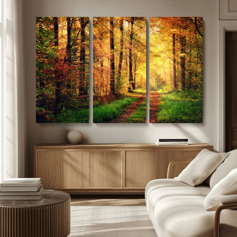 73494-MGV-CV-36X24-Golden Autumn Forest Path Wall Art – Sunlit Woodland Canvas Print, Fall Nature Landscape Home Decoration