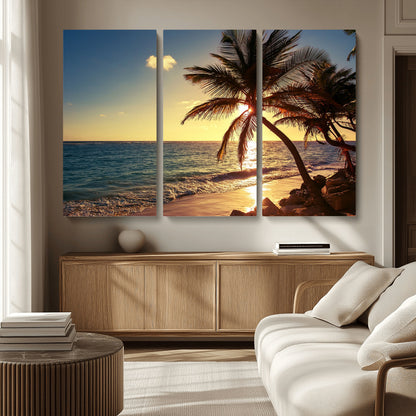 82710-MGV-CV-36X24-Palm Tree Sunset Beach Wall Art – Tropical Ocean Canvas Print, Coastal Paradise Seascape Decor for Living Room or Office Wall