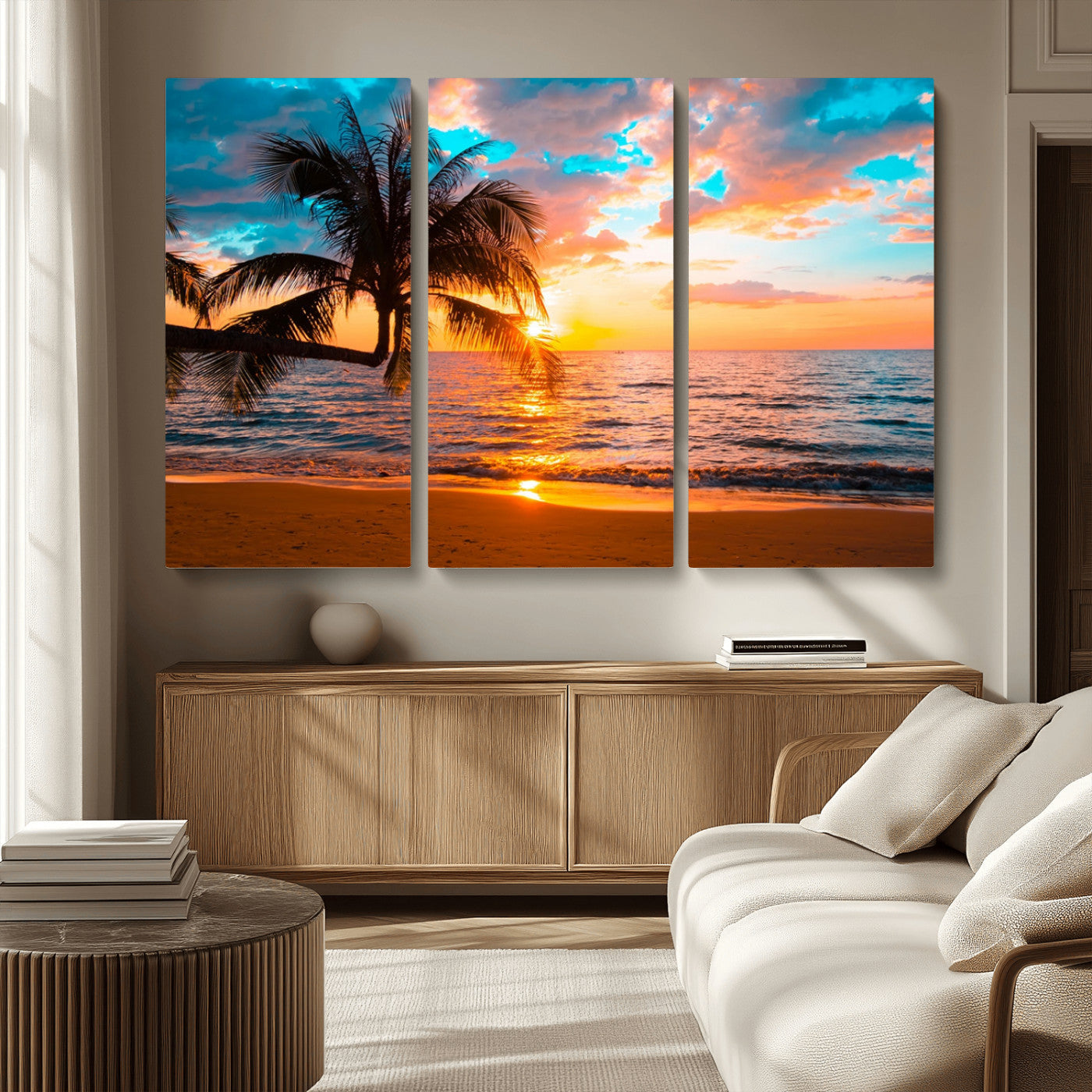 34674-MGV-CV-36X24-Tropical Sunset Beach Wall Art – Palm Tree Ocean Canvas Print, Coastal Seascape Decor for Living Room or Office Wall