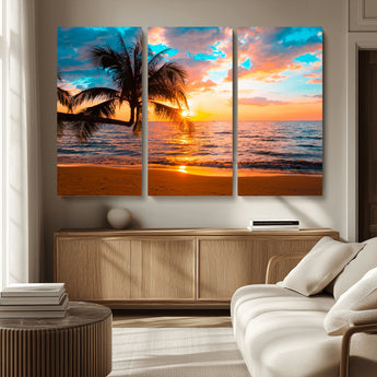 34674-MGV-CV-36X24-Tropical Sunset Beach Wall Art – Palm Tree Ocean Canvas Print, Coastal Seascape Decor for Living Room or Office Wall