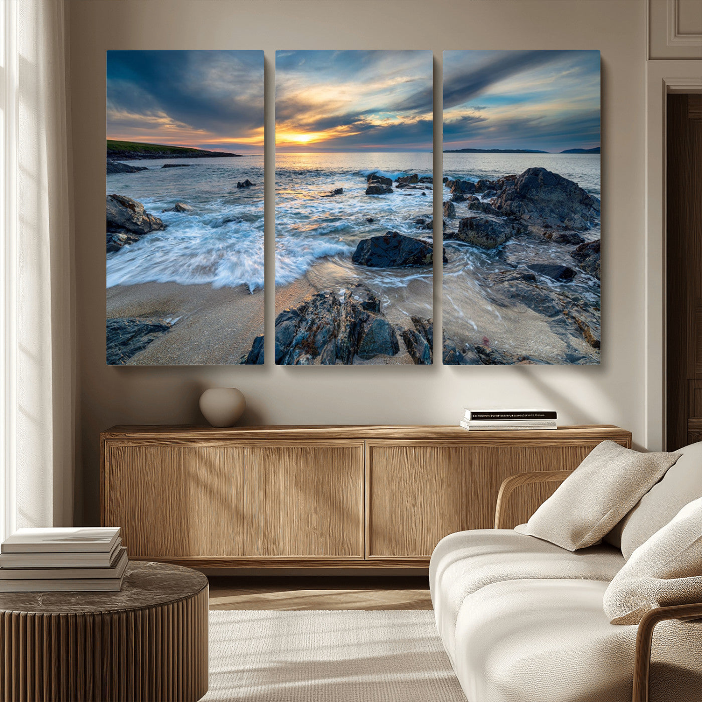 17902-MGV-CV-36X24-Rocky Shore Ocean Sunset Wall Art – Coastal Seascape Canvas Print, Nature Beach Decor for Living Room or Office