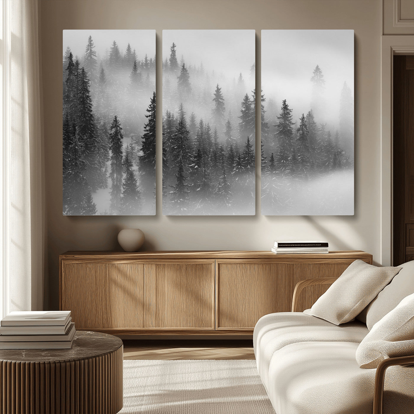 57235-MGV-CV-36X24-Misty Pine Forest Wall Art – Black and White Mountain Landscape Canvas Print, Nature Woodland Decor for Living Room, Bedroom or