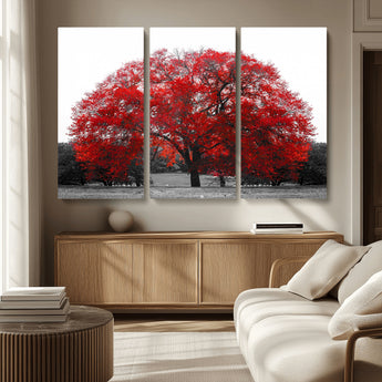 80021-MGV-CV-36X24-Red Tree Wall Art – Striking Black and White Landscape Canvas Print with Vibrant Red Leaves, Modern Nature Decor for Living Room