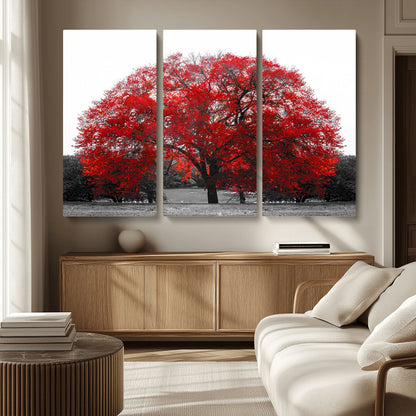 80021-MGV-CV-36X24-Red Tree Wall Art – Striking Black and White Landscape Canvas Print with Vibrant Red Leaves, Modern Nature Decor for Living Room