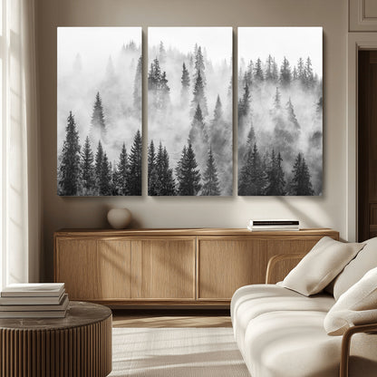 10422-MGV-CV-36X24-Misty Pine Forest Wall Art – Black and White Foggy Landscape Canvas Print, Serene Nature Woodland Decor for Bedroom, Office or