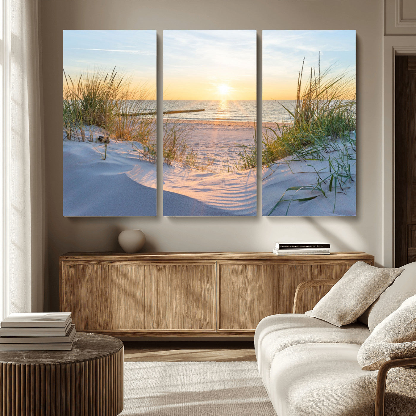 48907-MGV-CV-36X24-Beach Sunset Wall Art – Coastal Sand Dunes and Ocean View Canvas Print, Serene Seaside Landscape Painting for Living Room, Bedroom