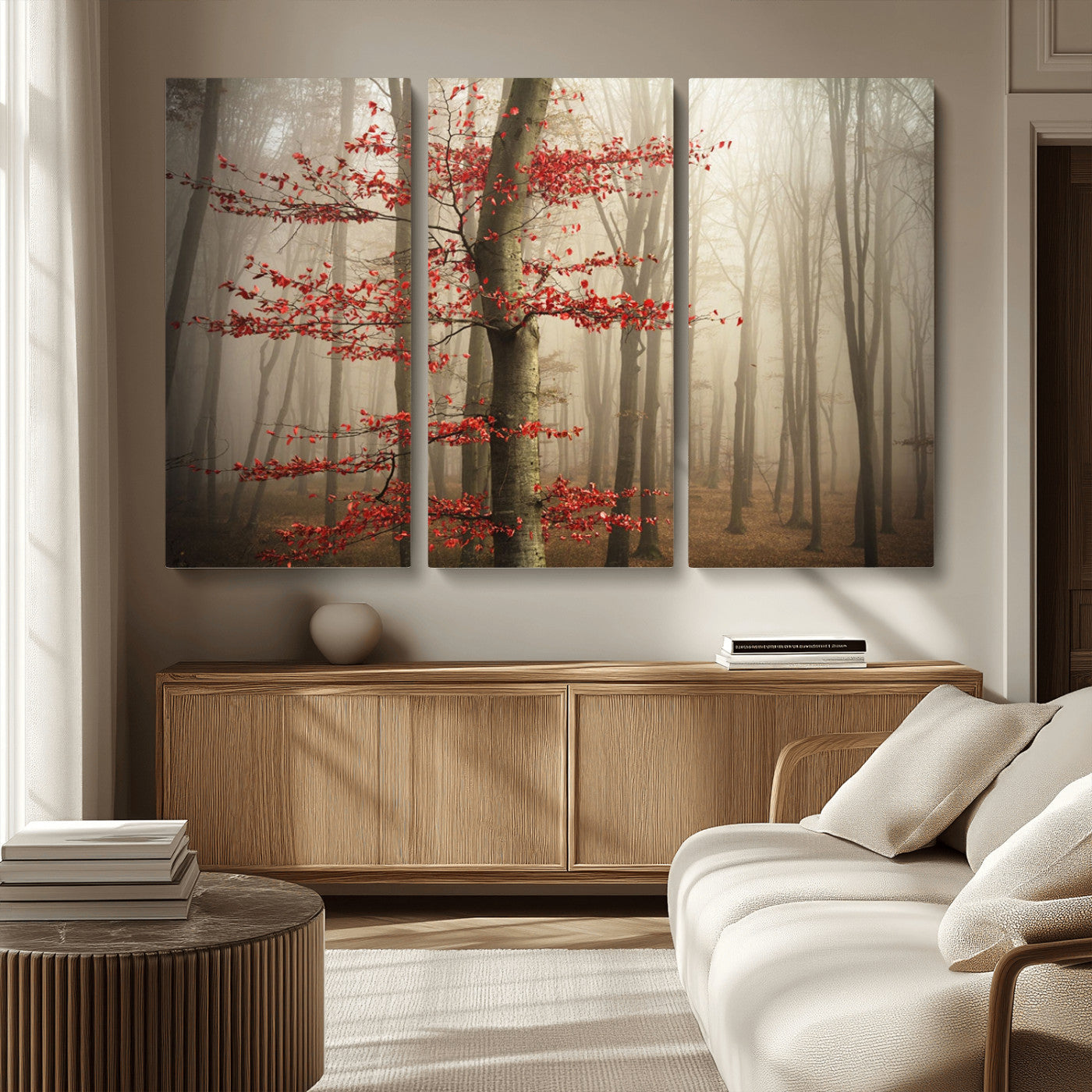 61855-MGV-CV-36X24-Misty Forest Wall Art – Red Tree with Autumn Leaves Canvas Print, Moody Woodland Nature Decor for Living Room, Bedroom, or Office