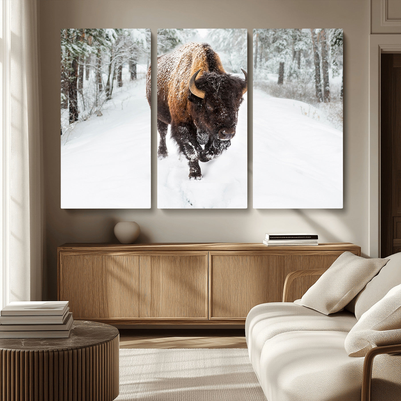 84699-MGV-CV-36X24-Bison in Winter Wall Art – Majestic Buffalo Canvas Print with Snowy Forest Landscape, Rustic Wildlife Artwork for Cabin, Living