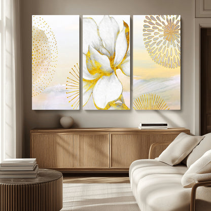 82301-MGV-CV-36X24-Modern Floral Wall Art – White Flower with Gold Detailing Canvas Print, Elegant Abstract Artwork for Living Room, Bedroom, or