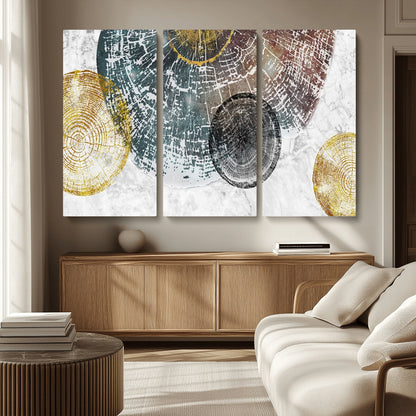 70653-MGV-CV-36X24-Abstract Tree Ring Wall Art – Modern Rustic Wood Slice Canvas Print with Gold Accents, Contemporary Nature Decor for Living Room,