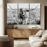 77320-MGV-CV-36X24-Texas Longhorn Wall Art – Black and White Western Cattle Canvas Print, Rustic Farmhouse Animal Photography Decor for Living Room,