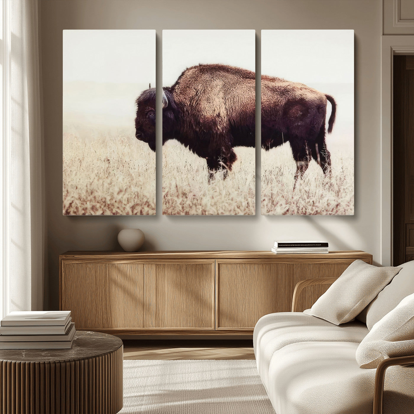 48406-MGV-CV-36X24-American Bison Wall Art – Rustic Buffalo Canvas Print in Prairie Field, Western Wildlife Photography Decor for Cabin, Lodge,