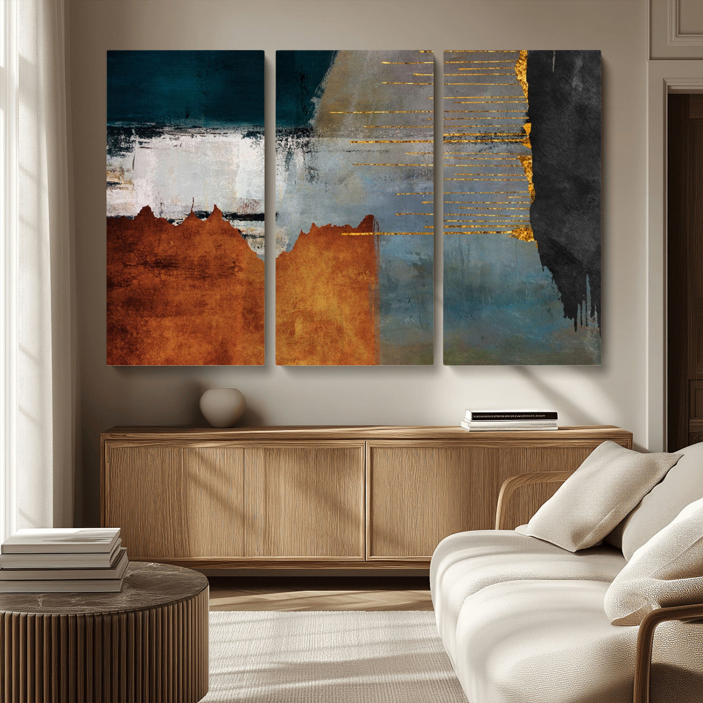 35026-MGV-CV-36X24-Abstract Canvas Wall Art – Modern Teal, Rust, Black and Gold Textured Painting, Contemporary Decor for Living Room, Bedroom