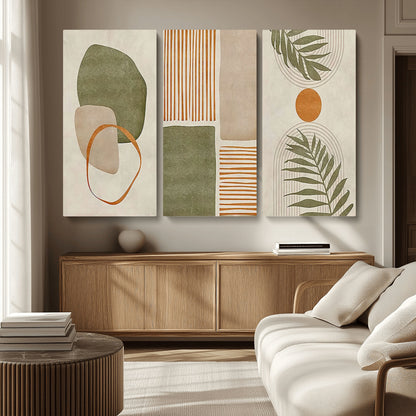 96002-MGV-CV-36X24-Abstract Geometric Wall Art – Modern Canvas Print with Green, Orange & Beige Shapes, Minimalist Home Decor for Living Room, Office