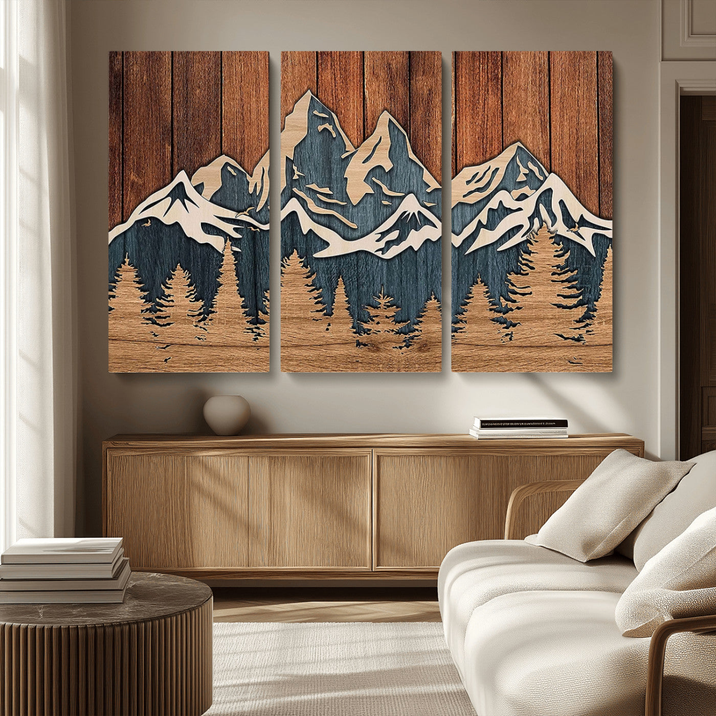 41330-MGV-CV-36X24-Rustic Mountain Wall Art – Wooden Nature Scene with Trees and Peaks, Handmade 3D Layered Decor for Living Room, Cabin or Office
