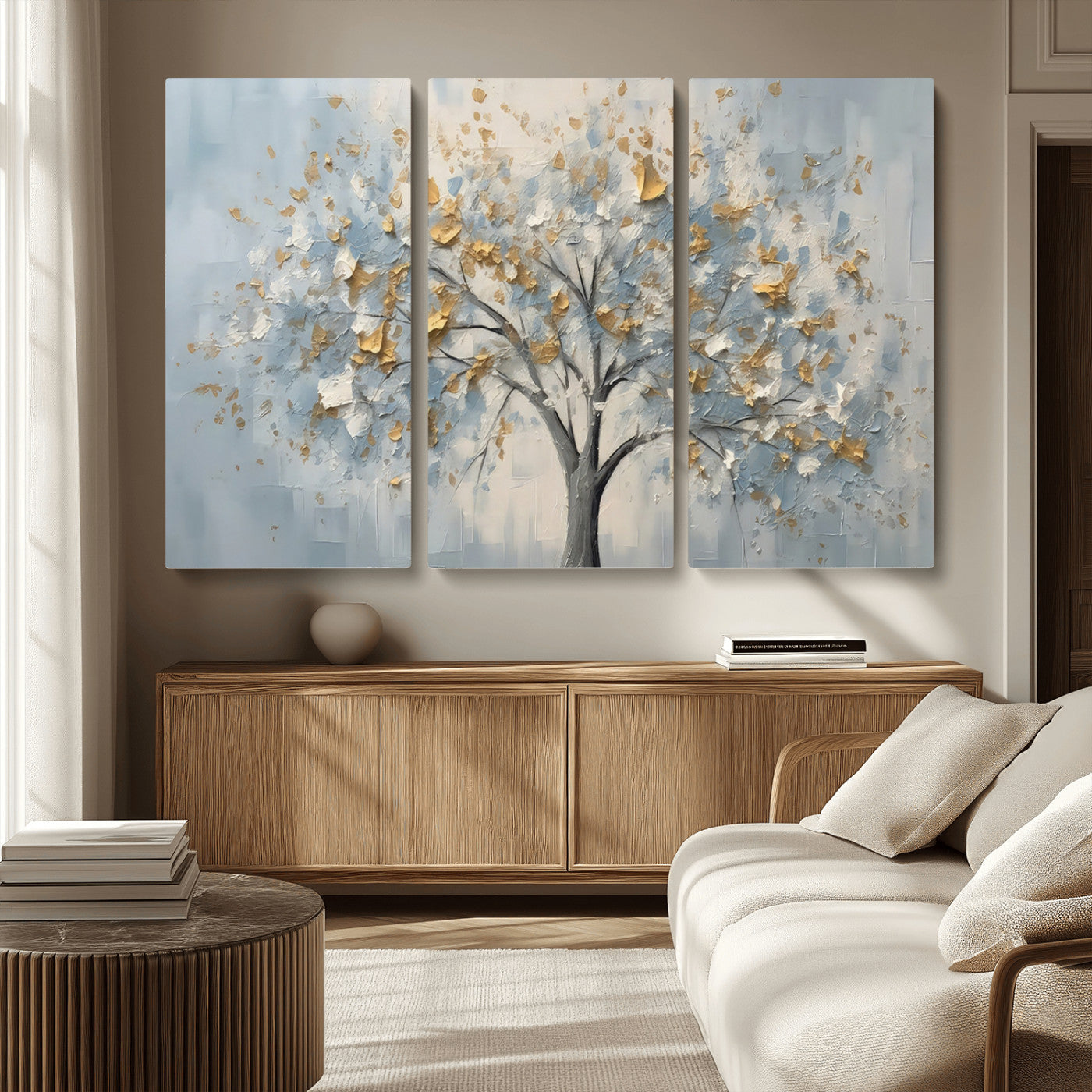 65811-MGV-CV-36X24-Abstract Tree Wall Art – Textured Canvas Painting with Gold and White Leaves, Modern Nature Inspired Decor for Living Room or