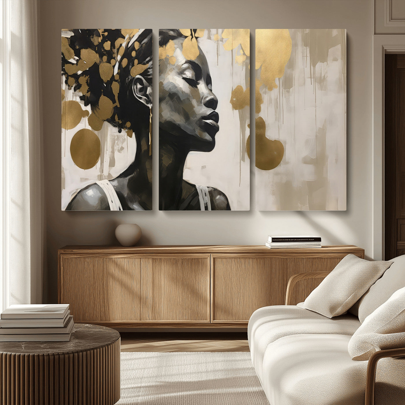 65669-MGV-CV-36X24-Elegant Black Woman Wall Art – Modern Abstract Portrait Canvas with Gold Accents, Contemporary Afrocentric Decor for Living Room