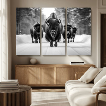 45287-MGV-CV-36X24-Bison Herd Wall Art – Black and White Buffalo Snow Road Canvas Print, Rustic Wildlife Decor for Cabin, Lodge or Living Room