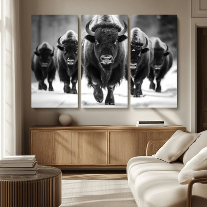 79872-MGV-CV-36X24-Bison Herd Wall Art – Black and White Buffalo on Snow Canvas Print, Rustic Wildlife Decor for Lodge, Cabin, or Living Room
