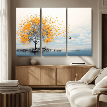 23385-MGV-CV-36X24-Golden Butterfly Tree Wall Art – Abstract Yellow and Gray Canvas Print, Modern Nature Artwork for Living Room, Bedroom or Office