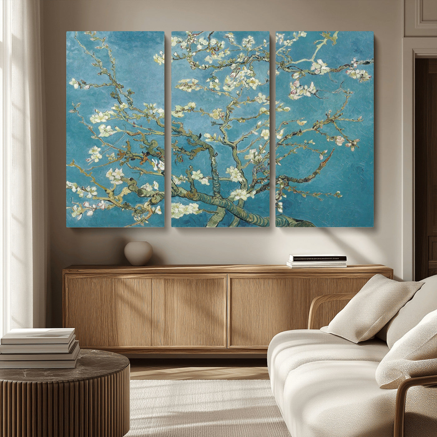 65607-MGV-CV-48X32-3P-Almond Blossom Wall Art – Van Gogh Blue Floral Canvas Print, Elegant Impressionist Painting Decor for Living Room, Bedroom or
