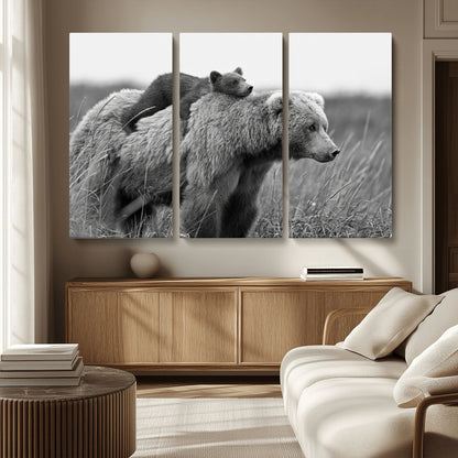 76338-MGV-CV-36X24-Mother Bear and Cub Wall Art – Black and White Wildlife Canvas Print, Rustic Nature Photography for Cabin, Living Room or Office