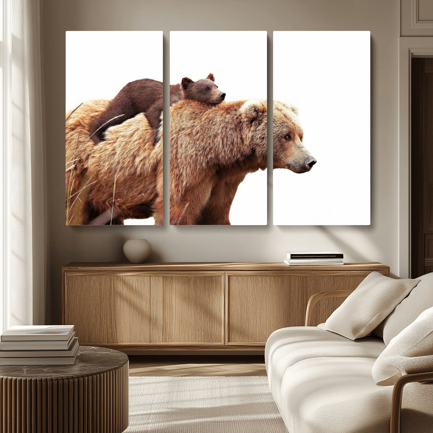 76943-MGV-CV-36X24-Mom Bear Wall Art Canvas Print, Framed Bear Photography Art Picture Print, Rustic Bear and Cub Perfect Rustic Farmhouse Decor
