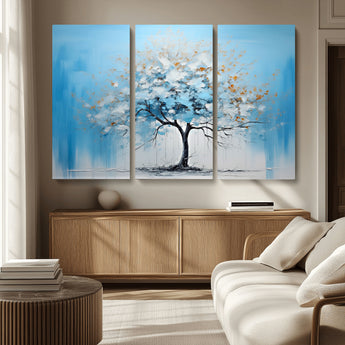 25021-MGV-CV-36X24-Abstract Tree Wall Art – Blue and White Canvas Painting with Gold Accents, Modern Nature-Inspired Artwork for Living Room, Bedroom