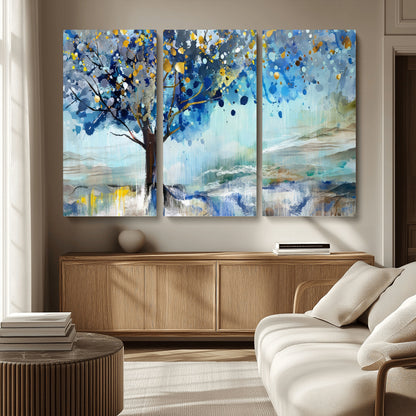 17018-MGV-CV-36X24-Abstract Blue Tree Wall Art – Colorful Canvas Painting with Gold and Silver Accents, Modern Nature Artwork for Living Room,