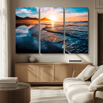 26494-MGV-CV-36X24-Ocean Sunset Wall Art – Scenic Beach Canvas Print with Waves and Mountains, Coastal Seascape Photography for Living Room, Bedroom