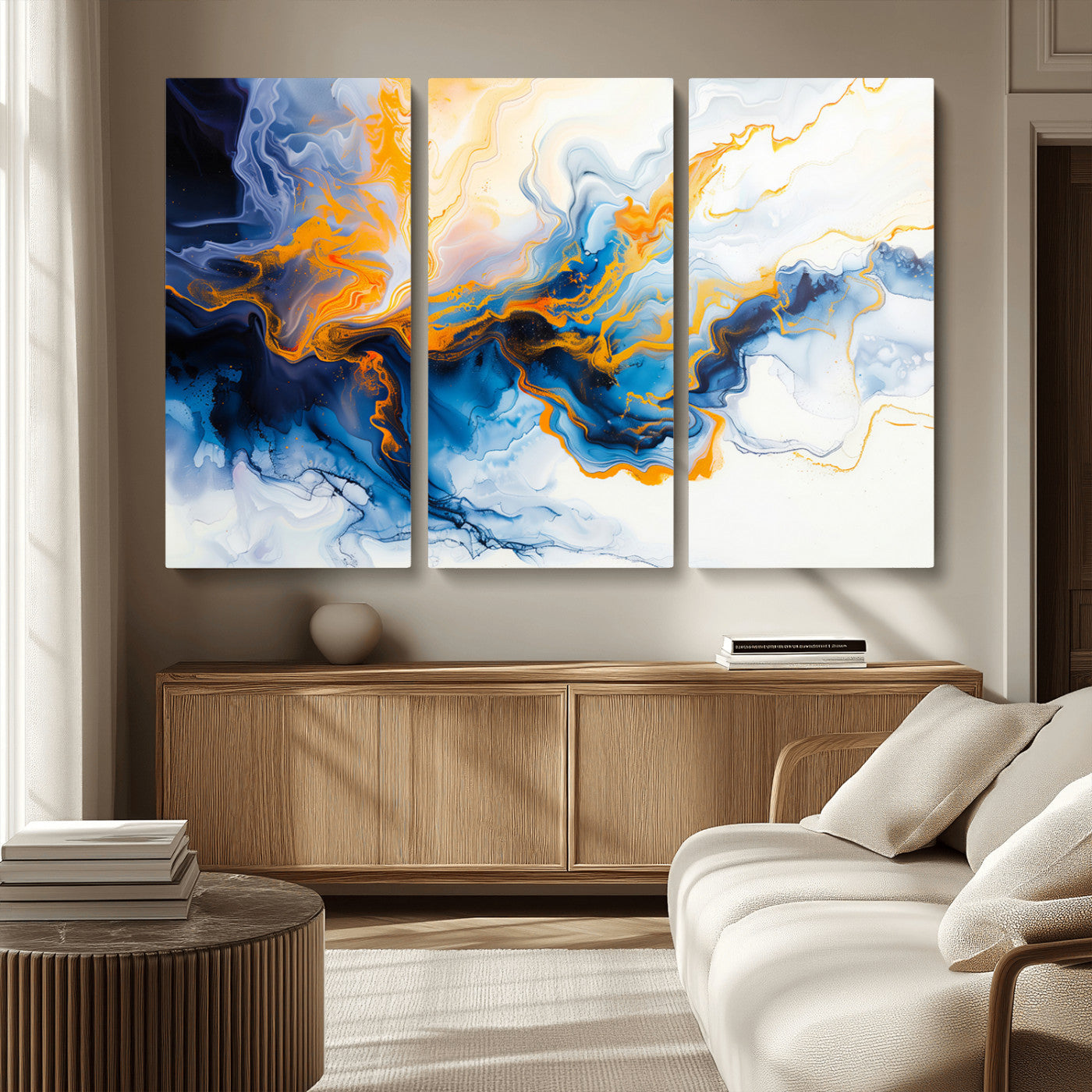 83720-MGV-CV-36X24-Abstract Fluid Wall Art – Blue, White and Gold Swirl Canvas Painting, Modern Contemporary Artwork for Living Room, Bedroom or