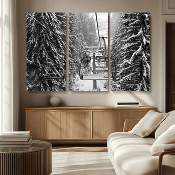 19240-MGV-CV-36X24-Ski Lift Wall Art – Black and White Winter Mountain Canvas Print, Snowy Forest Ski Resort Photography for Cabin, Lodge, Office or
