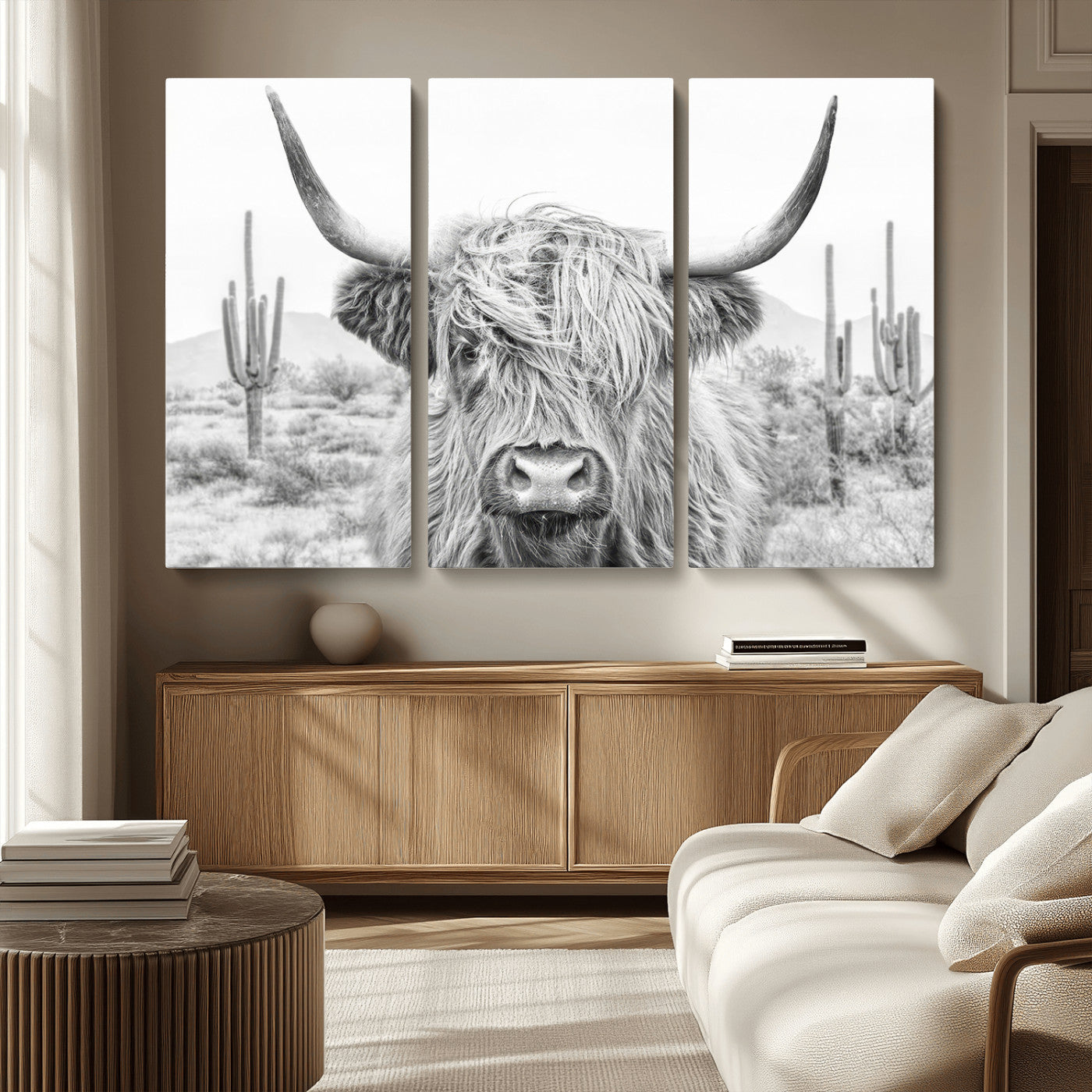 94579-MGV-CV-36X24-Highland Cow Wall Art – Black and White Longhorn Canvas Print, Rustic Western Farmhouse Animal Photography for Living Room,