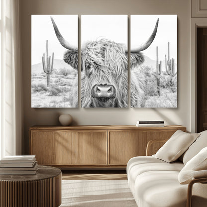 94579-MGV-CV-36X24-Highland Cow Wall Art – Black and White Longhorn Canvas Print, Rustic Western Farmhouse Animal Photography for Living Room,