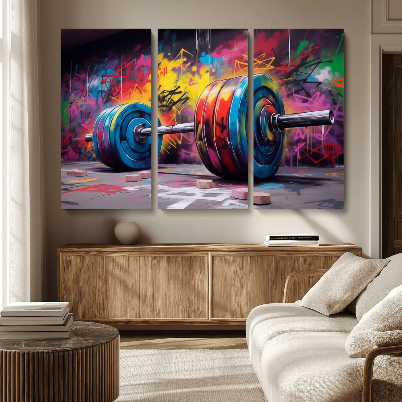 13549-MGV-CV-36X24-Graffiti Gym Wall Art Canvas Print, Framed Graffiti Barbell Art Picture Print, Weightlifting Perfect Fitness Studio Decor Artwork