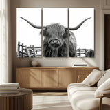 58188-MGV-CV-36X24-Highland Cow Wall Art – Black and White Rustic Farmhouse Canvas Print, Longhorn Cattle Photography Decor for Living Room or