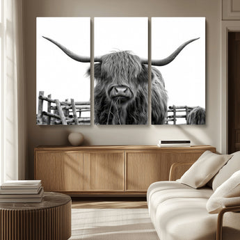 58188-MGV-CV-36X24-Highland Cow Wall Art – Black and White Rustic Farmhouse Canvas Print, Longhorn Cattle Photography Decor for Living Room or