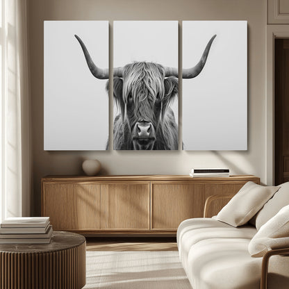 35820-MGV-CV-36X24-Minimalist Highland Cow Wall Art – Black and White Longhorn Cattle Canvas Print, Modern Farmhouse Animal Photography Decor for