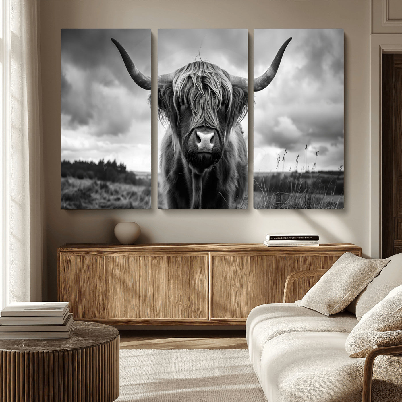 17924-MGV-CV-36X24-Highland Cow Wall Art – Black and White Rustic Longhorn Cattle Canvas Print, Farmhouse Animal Photography Decor for Country Home