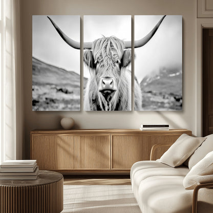 80564-MGV-CV-48X32-3P-Highland Cow Wall Art – Black and White Scottish Highland Canvas Print, Rustic Farmhouse Decor for Living Room, Bedroom or Office